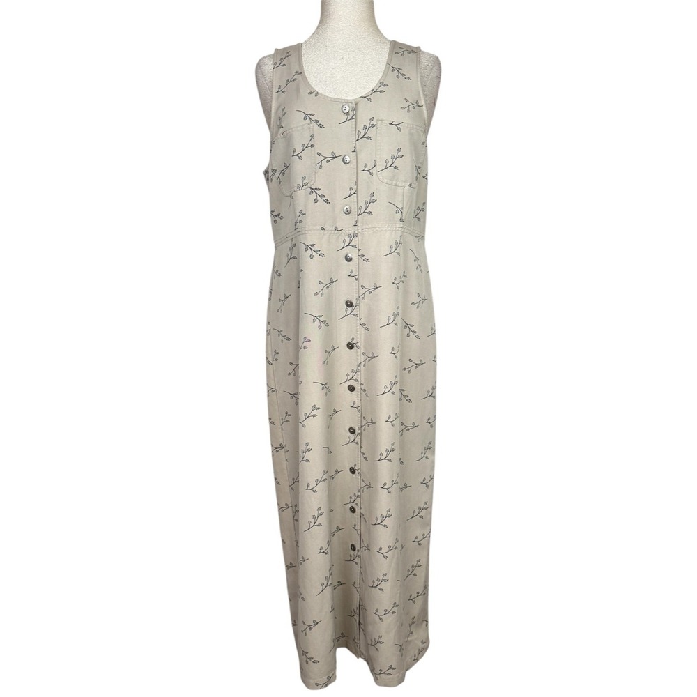 Vtg Directives Modest Jumper Dress Womens M Beige‎ Floral Button Maxi Pockets